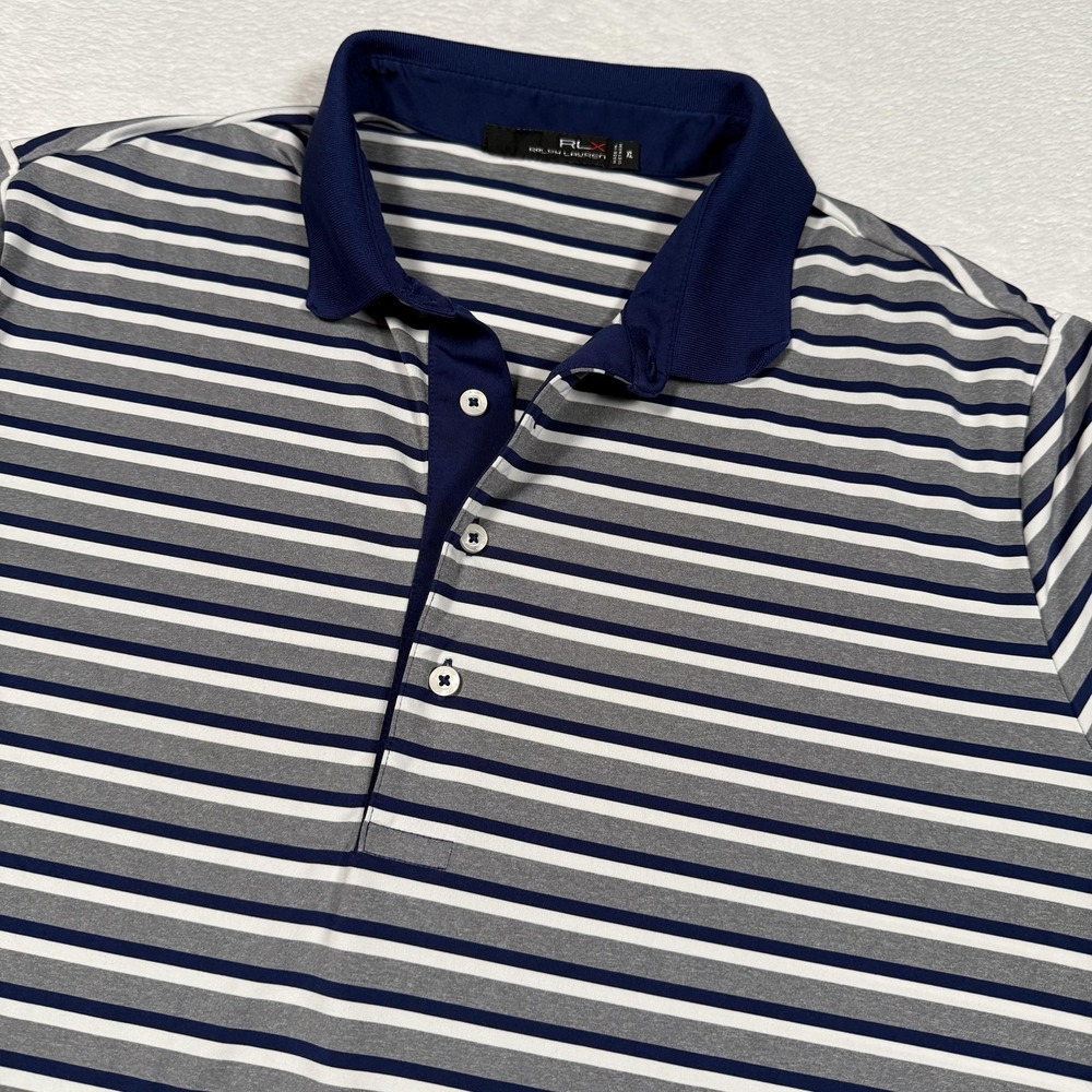 Ralph Lauren RLX Polo Shirt Mens XL Blue‎ Gray White Striped Golf BHCC 1912 Logo